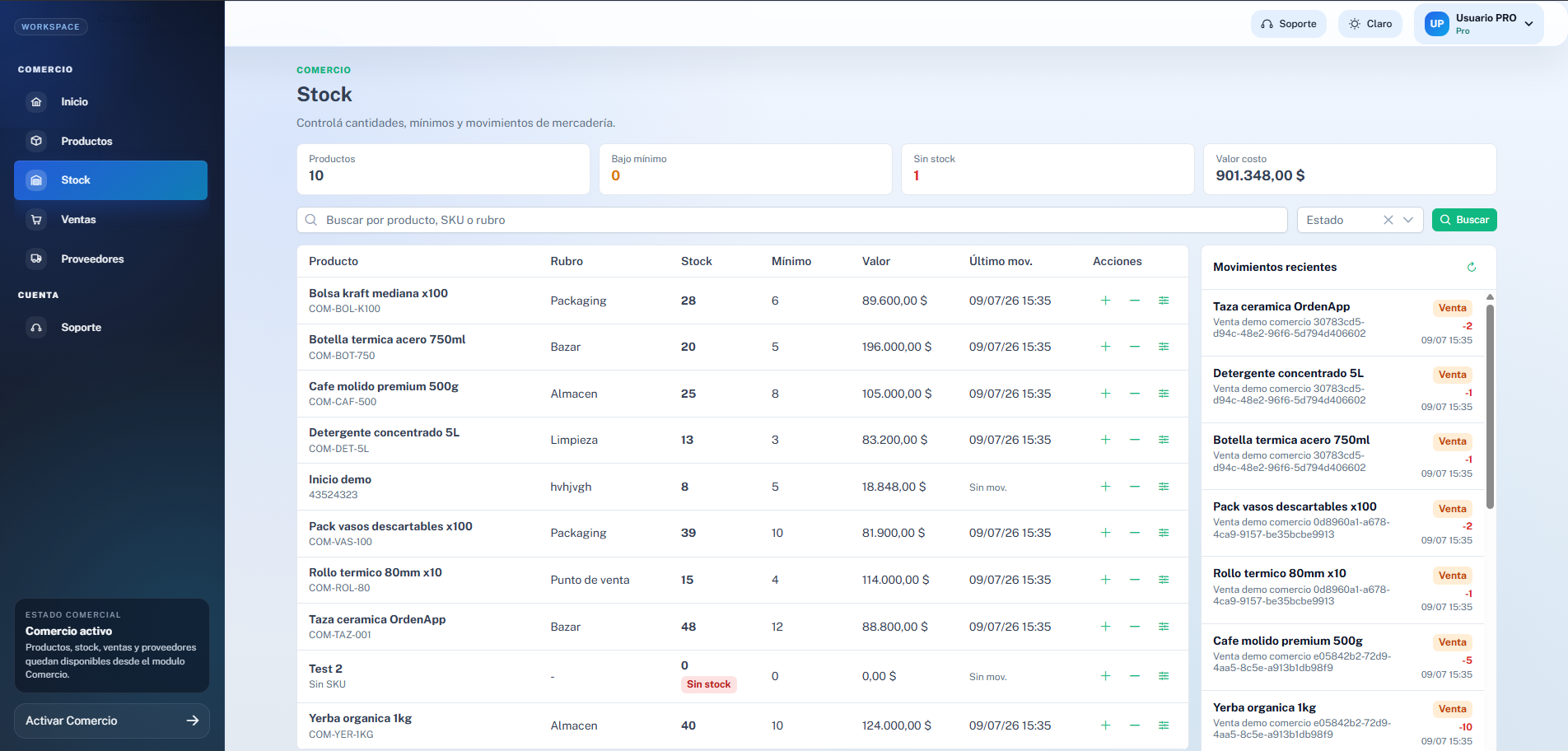 Control de stock en OrdenApp Comercio