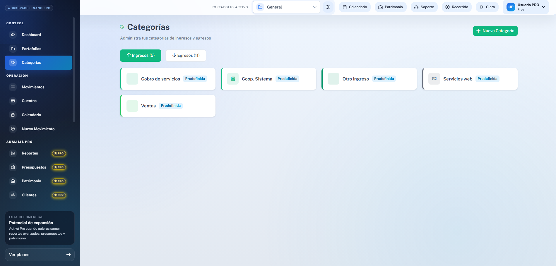 Categorías de ingresos y gastos en OrdenApp Finanzas